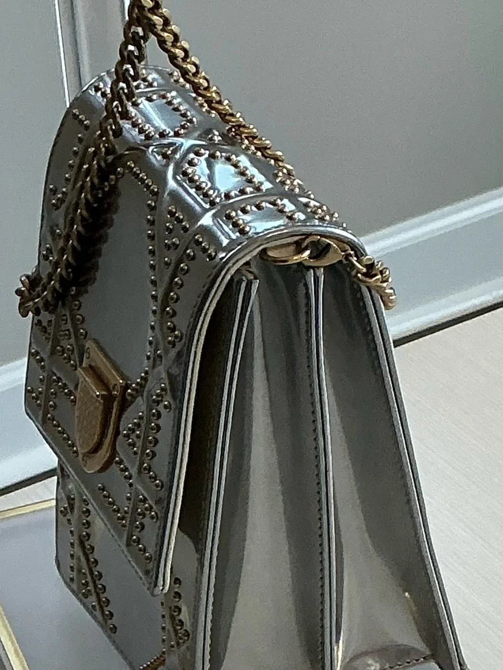 Authentic Christian Dior Diorama Vertical Clutch On Chain Studded Silver Leather